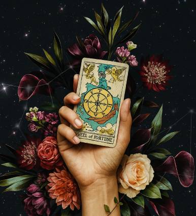 Imagen de cartas del tarot con fondo floral. Servicio de Lectura del Tarot Cami Monge